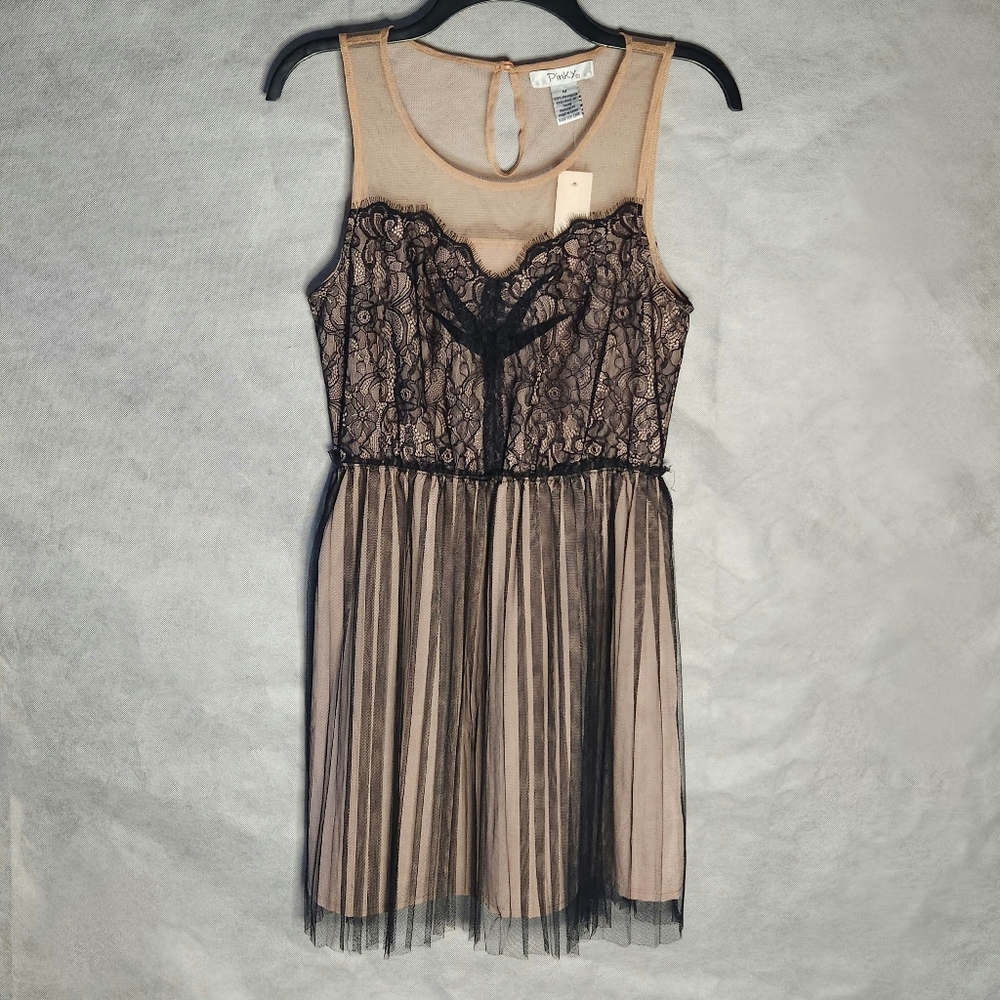 Pinky Blush Tone Sheer Dress With Black Lace Overlay Elegant Sleeveless